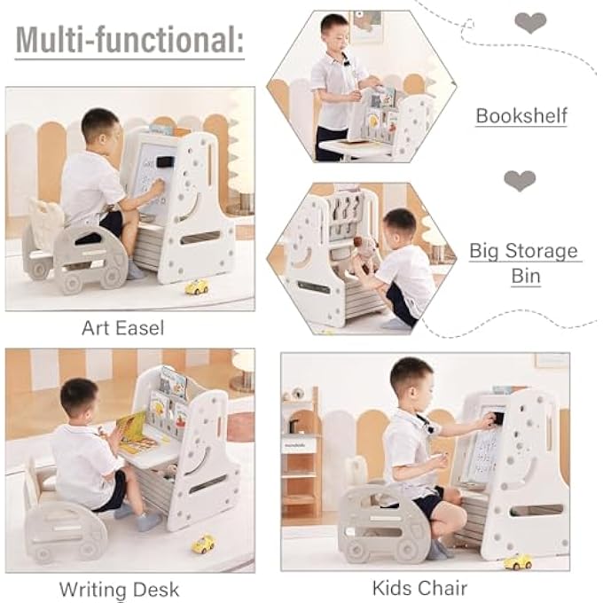 AM ANNA Kids Table and Chair Set, 3 in 1 Convertible Art Easel & Display Bookshelf With Magnetic Painting Board,Bottom Storage Shelf,Standing Easel with Chairs for Drawing Reading Art Playroom - Image 5