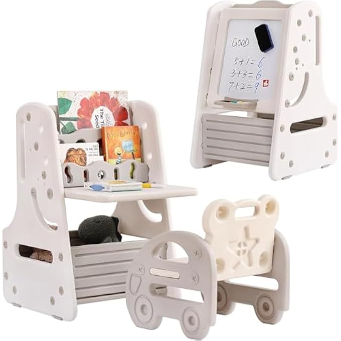 AM ANNA Kids Table and Chair Set, 3 in 1 Convertible Art Easel & Display Bookshelf With Magnetic Painting Board,Bottom Storage Shelf,Standing Easel with Chairs for Drawing Reading Art Playroom - Image 1