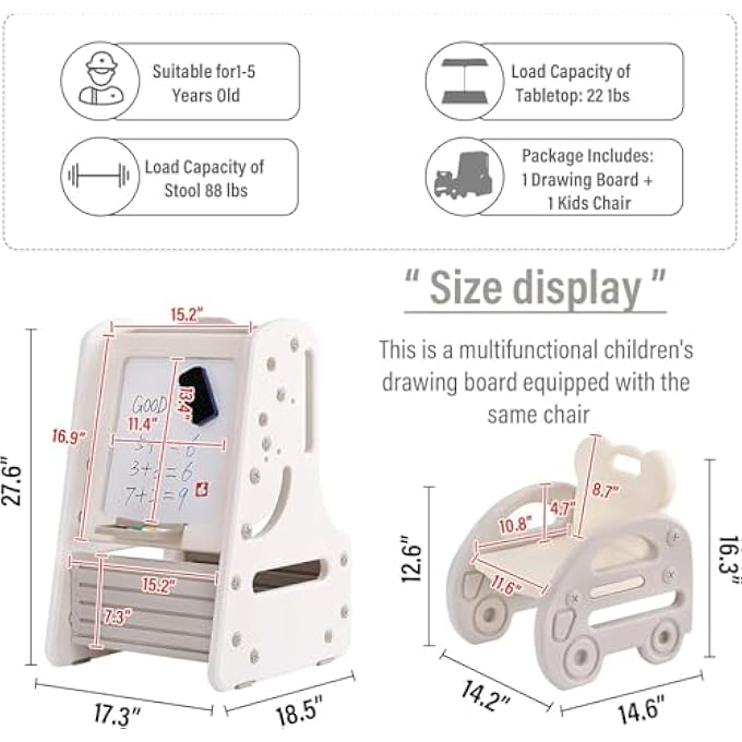 AM ANNA Kids Table and Chair Set, 3 in 1 Convertible Art Easel & Display Bookshelf With Magnetic Painting Board,Bottom Storage Shelf,Standing Easel with Chairs for Drawing Reading Art Playroom - Image 3
