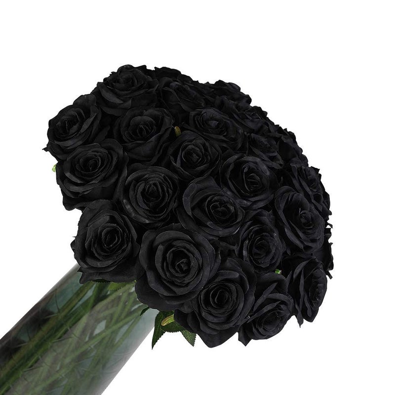 Laelfe 12 PCS Artificial Flowers Black Roses Fake Silk Flower Long Stem Artificial Black Rose for Halloween Home Wedding Party DecorationsBlack