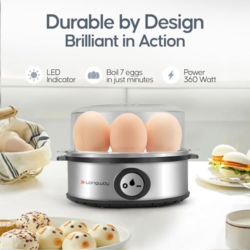 Longway Champ 360 Watt Stainless Steel Egg Boiler/Cooker for Steaming, Cooking & Boiling 3 Boiling Modes Sof, Medium, Hard 1 Years Warranty (Boil Upto 7 Eggs, Silver) - Image 4