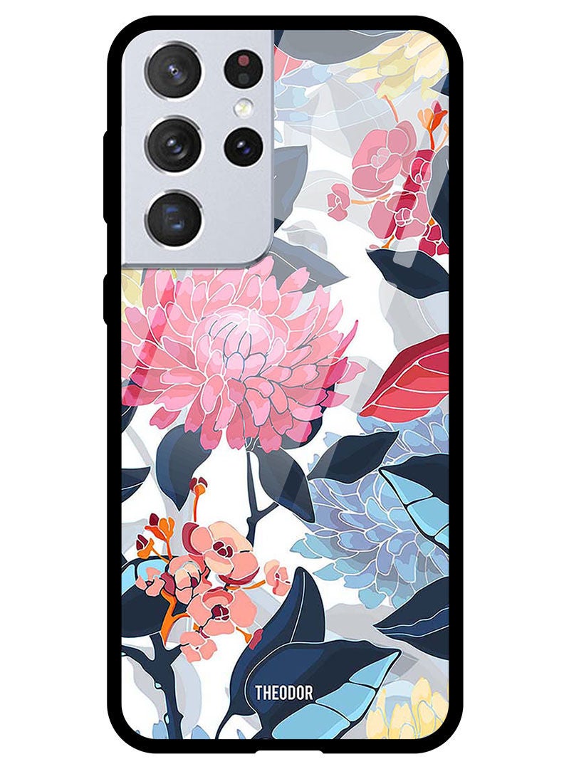Theodor Protective Tempered Glass Case Cover Samsung Galaxy S21 ULTRA Pink Flowers Paint - Image 1