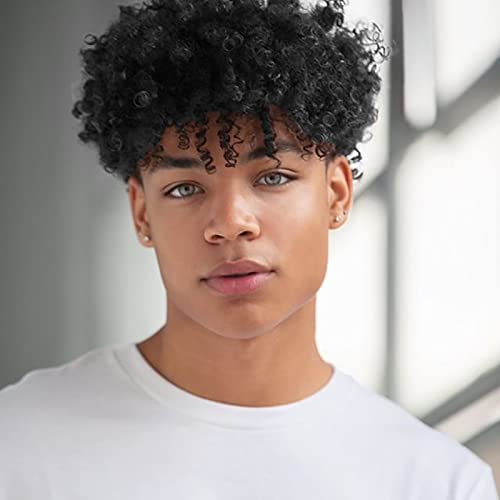 Beweig Short Curly Afro Wig for Men Black Short Kinky Synthetic Wig Halloween Cosplay Costume Full Wigs with Wig Cap
