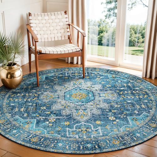 Moynesa Ultra-Thin Washable 5ft Round Rug - Teal 5x5 Circle Rugs for Living Room, Vintage Dining Room Mat Stain Resistant Nursery Carpet for Bedroom Mudroom Kitchen Apartment Home Office - Image 1