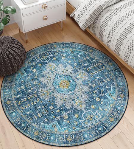 Moynesa Ultra-Thin Washable 5ft Round Rug - Teal 5x5 Circle Rugs for Living Room, Vintage Dining Room Mat Stain Resistant Nursery Carpet for Bedroom Mudroom Kitchen Apartment Home Office - Image 2