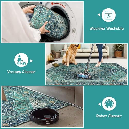Moynesa Ultra-Thin Washable 5ft Round Rug - Teal 5x5 Circle Rugs for Living Room, Vintage Dining Room Mat Stain Resistant Nursery Carpet for Bedroom Mudroom Kitchen Apartment Home Office - Image 4