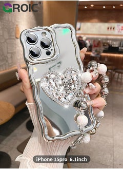GROIC Compatible with iPhone 15 Pro Case,Mirror Wave Senior Silver Cute Phone Cover with 3D Love Heart Stand,Lens Protection Protector Shockproof Phone Shell for iPhone 15 Pro 6.1 Inch  - Image 1