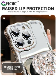 GROIC Compatible with iPhone 15 Pro Case,Mirror Wave Senior Silver Cute Phone Cover with 3D Love Heart Stand,Lens Protection Protector Shockproof Phone Shell for iPhone 15 Pro 6.1 Inch  - Image 2
