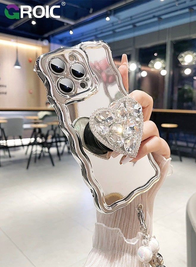 Compatible with iPhone 15 Pro Case,Mirror Wave Senior Silver Cute Phone Cover with 3D Love Heart Stand,Lens Protection Protector Shockproof Phone Shell for iPhone 15 Pro 6.1 Inch
