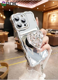 GROIC Compatible with iPhone 15 Pro Case,Mirror Wave Senior Silver Cute Phone Cover with 3D Love Heart Stand,Lens Protection Protector Shockproof Phone Shell for iPhone 15 Pro 6.1 Inch  - Image 3