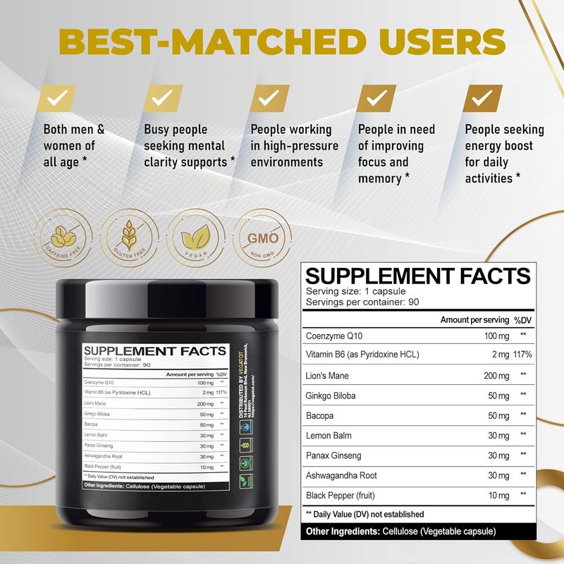 VEGATOT مكمل فيجاتوت لتعزيز صحة الدماغ - مصنوع ومختبر في الولايات المتحدة الأمريكية - مركب صحي للدماغ مركز مع CoQ10 وفيتامين B6 ومانا الأسد وجينكو بيلوبا وبلسم الليمون وجينسنغ - تركيز وذاكرة وطاقة - Image 2