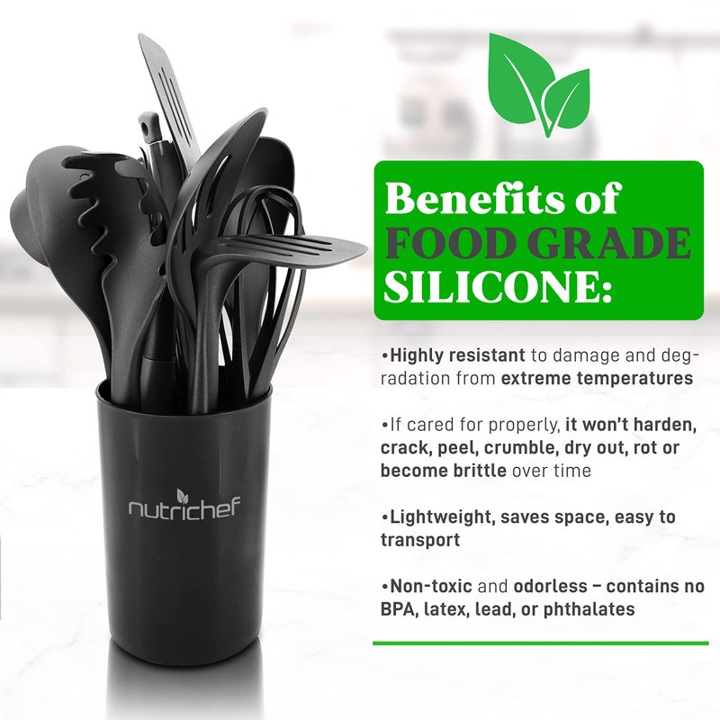 NutriChef 10 Pcs. Silicone Heat Resistant Kitchen Cooking Utensils Set-Non-Stick Baking Tools with PP Holder (Gray & Black), 1 - Image 4