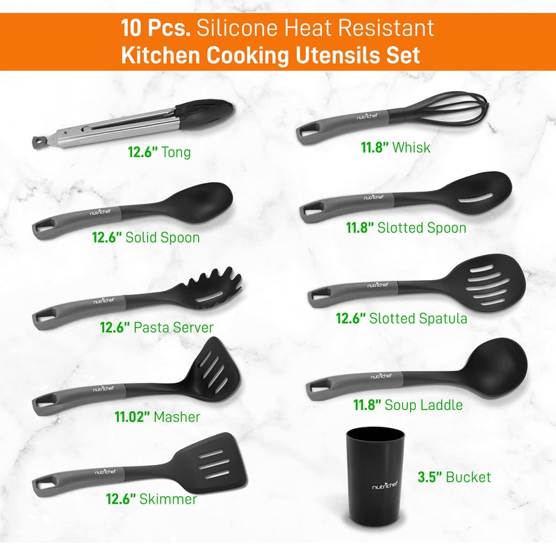 NutriChef 10 Pcs. Silicone Heat Resistant Kitchen Cooking Utensils Set-Non-Stick Baking Tools with PP Holder (Gray & Black), 1 - Image 2