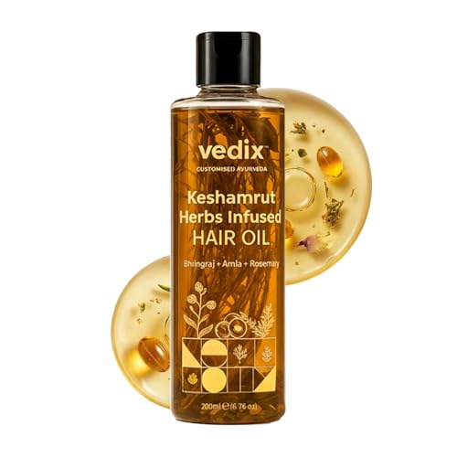 Vedix Keshamrut Herbs Infused Ayurvedic Hair Oil With Bhringraj, Amla & Rosemary I Control Hair Fall & Boost Hair Growth I 16+ Whole Herbs, Leaves & Flowers I For Men & Women I No Mineral Oils & Chemicals (200ml) - Image 1