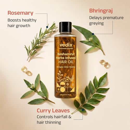Vedix Keshamrut Herbs Infused Ayurvedic Hair Oil With Bhringraj, Amla & Rosemary I Control Hair Fall & Boost Hair Growth I 16+ Whole Herbs, Leaves & Flowers I For Men & Women I No Mineral Oils & Chemicals (200ml) - Image 3