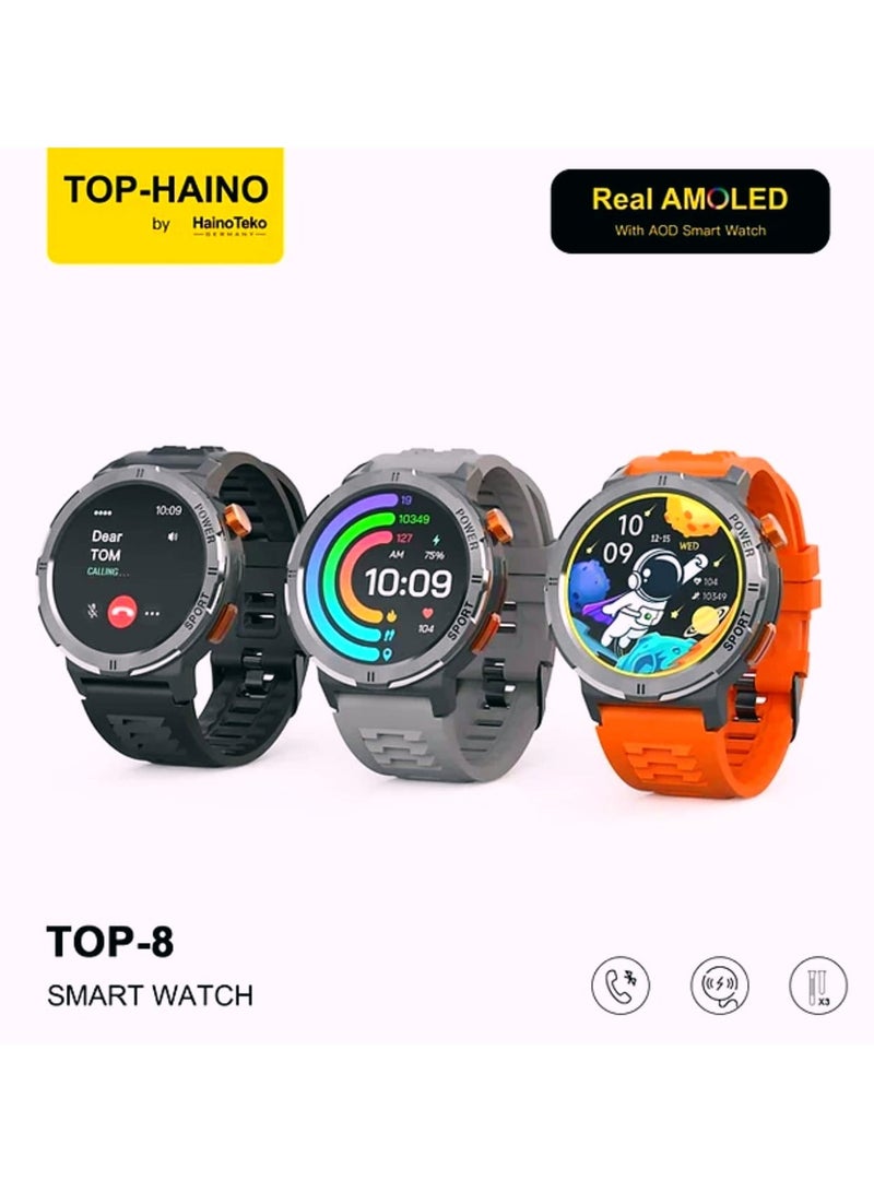 هينو تيكو هاينو تيكو توب-8  لأناقة الذكية بشاشة AMOLED فائقة الوضوح  تدعم ميزة Always-On Display (AOD) لعرض المعلومات الأساسية باستمرار دون الحاجة لتشغيل الشاشة بالكامل. التصميم: تأتي بتصميم عصري وأنيق - Image 2