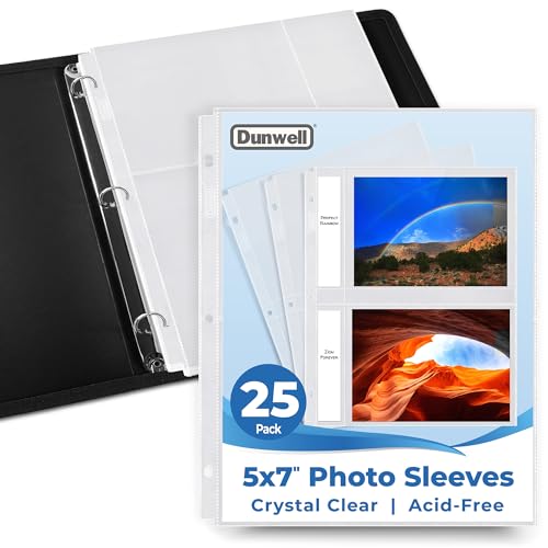 Dunwell 5x7 Photo Sleeves for 3-Ring Binder, (25 Pack) for 100 Pictures, Each Sheet Holds Four 5 x 7 Pictures or Postcards, Acid-Free Poly Plastic Photo Album Refill Pages - Image 1