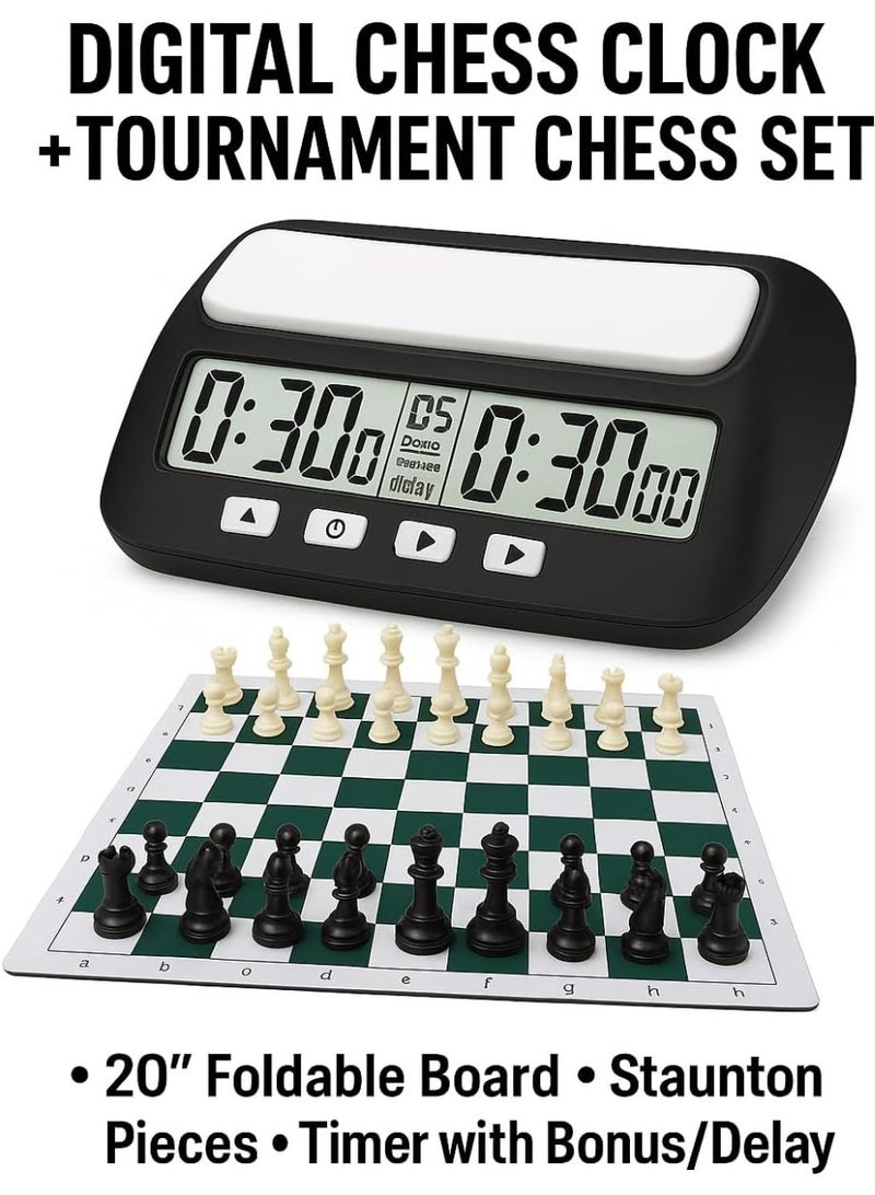 Digital Chess Clock with Tournament Chess Set – 20” Foldable Chess Board, Staunton Pieces & Timer with Bonus/Delay – Complete Kit FOR, Adults & Clubs - Image 3