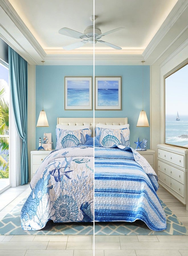 Djoymock Coastal Quilts Queen Size 3 Piece, Reversible Microfiber Ocean Quilt with 2 Shams Nautical Bedding Set Beach Bedspread Coverlet Summer Lightweight Comforter Set for All Season, 96"x90" Blue - Image 4