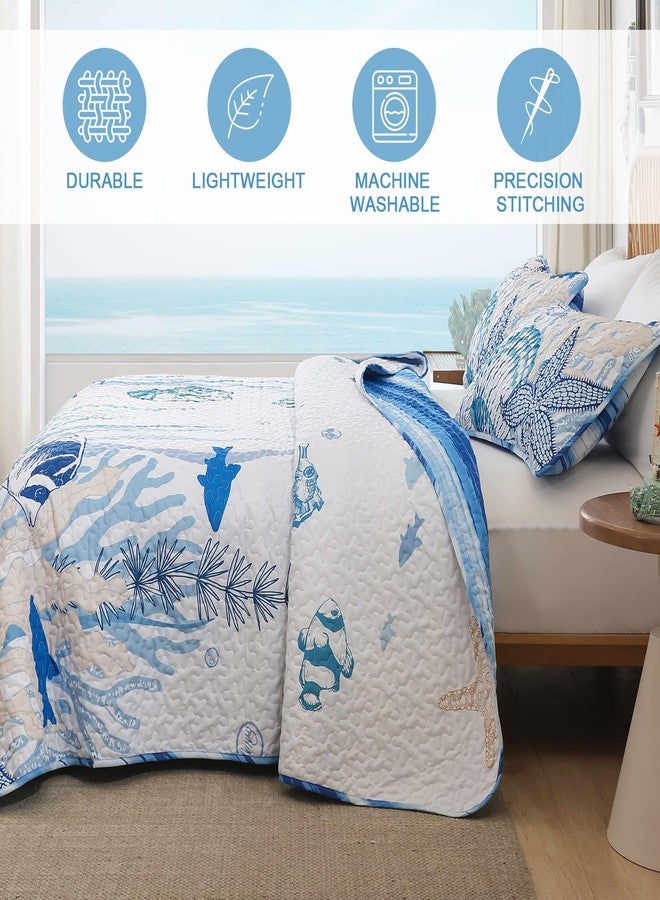 Djoymock Coastal Quilts Queen Size 3 Piece, Reversible Microfiber Ocean Quilt with 2 Shams Nautical Bedding Set Beach Bedspread Coverlet Summer Lightweight Comforter Set for All Season, 96"x90" Blue - Image 5