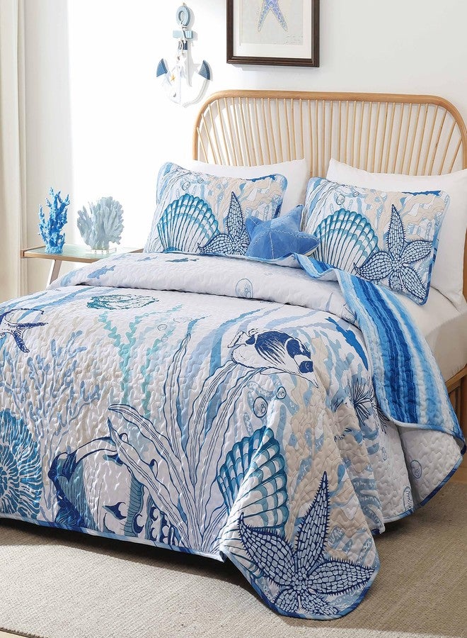 Djoymock Coastal Quilts Queen Size 3 Piece, Reversible Microfiber Ocean Quilt with 2 Shams Nautical Bedding Set Beach Bedspread Coverlet Summer Lightweight Comforter Set for All Season, 96"x90" Blue - Image 2