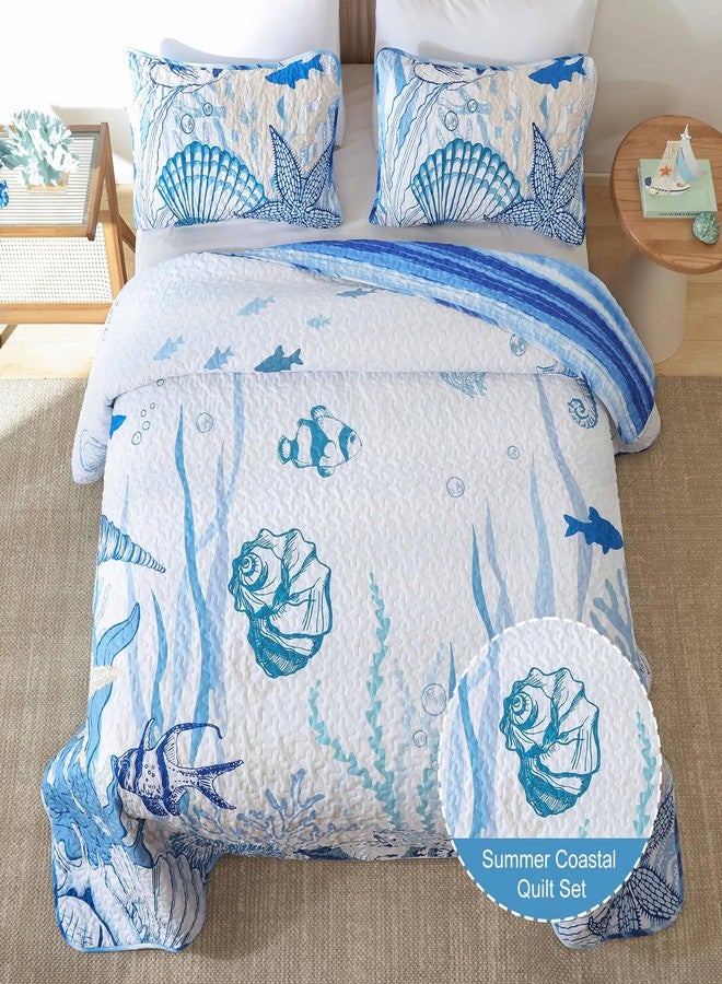 Djoymock Coastal Quilts Queen Size 3 Piece, Reversible Microfiber Ocean Quilt with 2 Shams Nautical Bedding Set Beach Bedspread Coverlet Summer Lightweight Comforter Set for All Season, 96"x90" Blue - Image 3