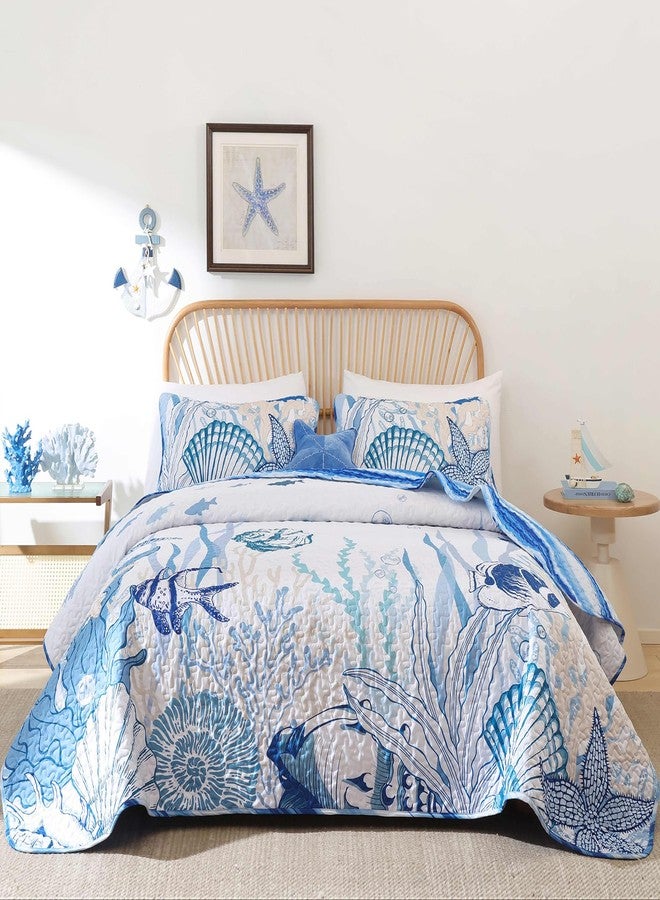 Djoymock Coastal Quilts Queen Size 3 Piece, Reversible Microfiber Ocean Quilt with 2 Shams Nautical Bedding Set Beach Bedspread Coverlet Summer Lightweight Comforter Set for All Season, 96"x90" Blue - Image 1