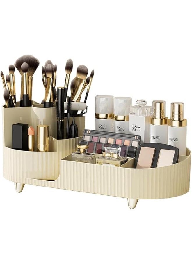 HOOKOR Makeup Organizer for Vanity, 360° Rotating Makeup Organizer, Large Capacity, Cosmetic Organizer with Brush Holder for Lotion Lipsticks Skincare and Hold All Your Makeup Products (Cream White)  - Image 1