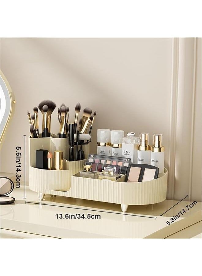 HOOKOR Makeup Organizer for Vanity, 360° Rotating Makeup Organizer, Large Capacity, Cosmetic Organizer with Brush Holder for Lotion Lipsticks Skincare and Hold All Your Makeup Products (Cream White)  - Image 2