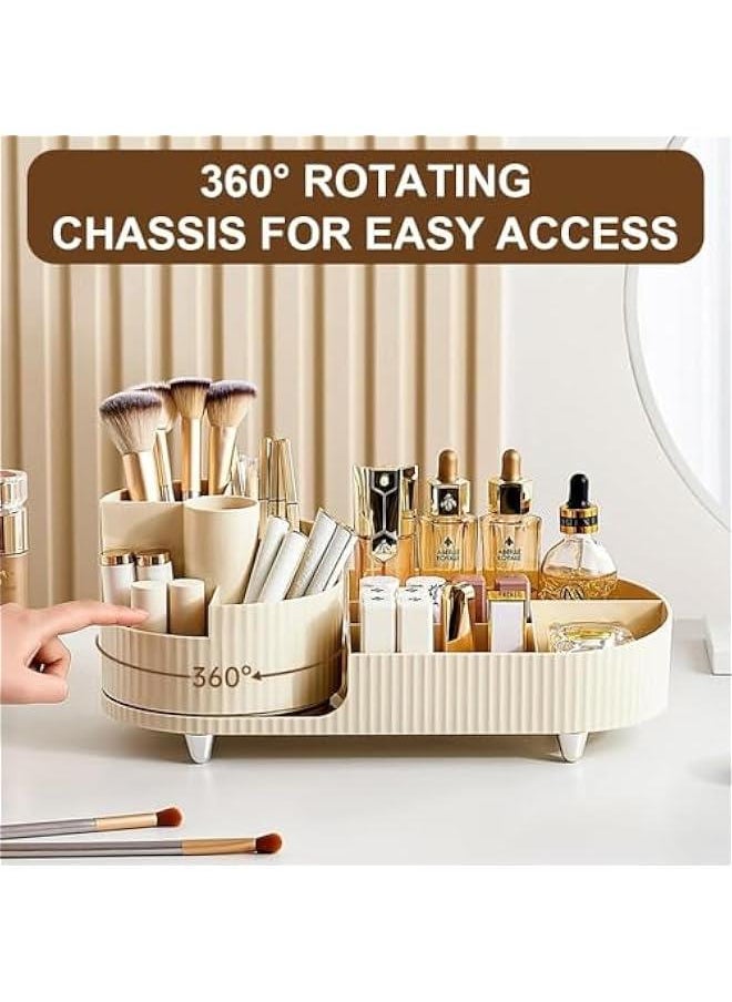 HOOKOR Makeup Organizer for Vanity, 360° Rotating Makeup Organizer, Large Capacity, Cosmetic Organizer with Brush Holder for Lotion Lipsticks Skincare and Hold All Your Makeup Products (Cream White)  - Image 3