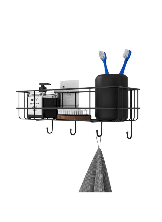 RAYMOX Stainless Steel Bathroom Shelf for Wall, Self Adhesive Bathroom Organiser, 4 Hooks for Towel Holder, Space-Saving Wall Mounted Bathroom Shelf with Elegant Design (Pack of 1, Black) - Image 1