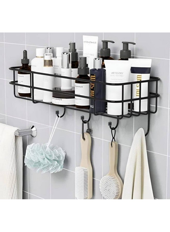 RAYMOX Stainless Steel Bathroom Shelf for Wall, Self Adhesive Bathroom Organiser, 4 Hooks for Towel Holder, Space-Saving Wall Mounted Bathroom Shelf with Elegant Design (Pack of 1, Black) - Image 2