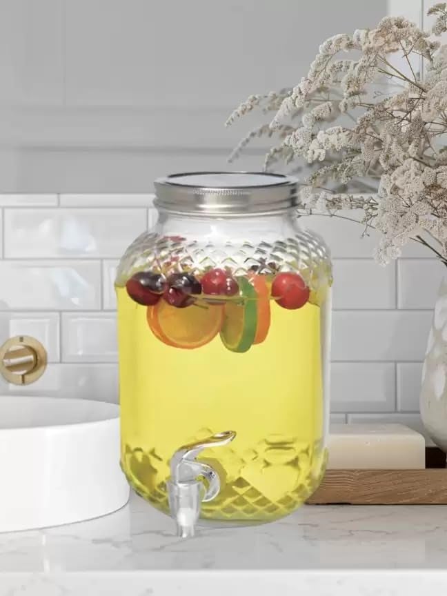 Gauvriko Glass Water Dispenser with Tap Glass Cold Water Mason Jar Beer Dispenser Clear Beverage Drink Dispenser Mason Jar Glass Pitcher with tap Spigot and Steel lid Detox 4 Liter - Image 1