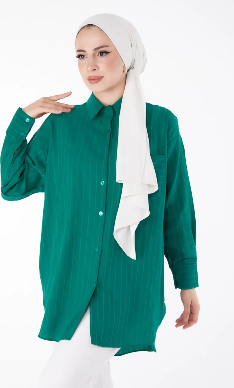 Tofisa Plain Shirt Collar Women's Green Single Pocket Striped Tunic - 25496