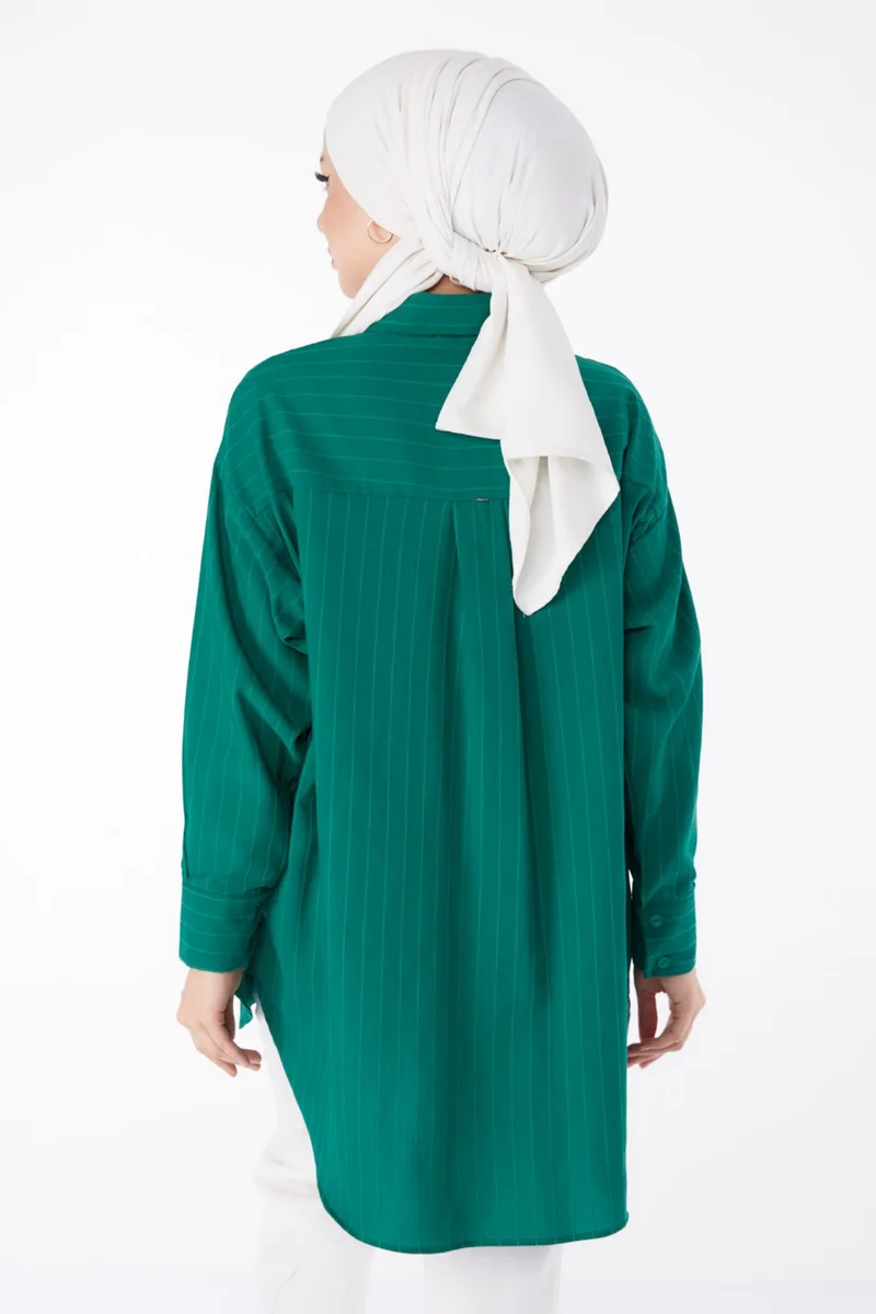 Tofisa Plain Shirt Collar Women's Green Single Pocket Striped Tunic - 25496