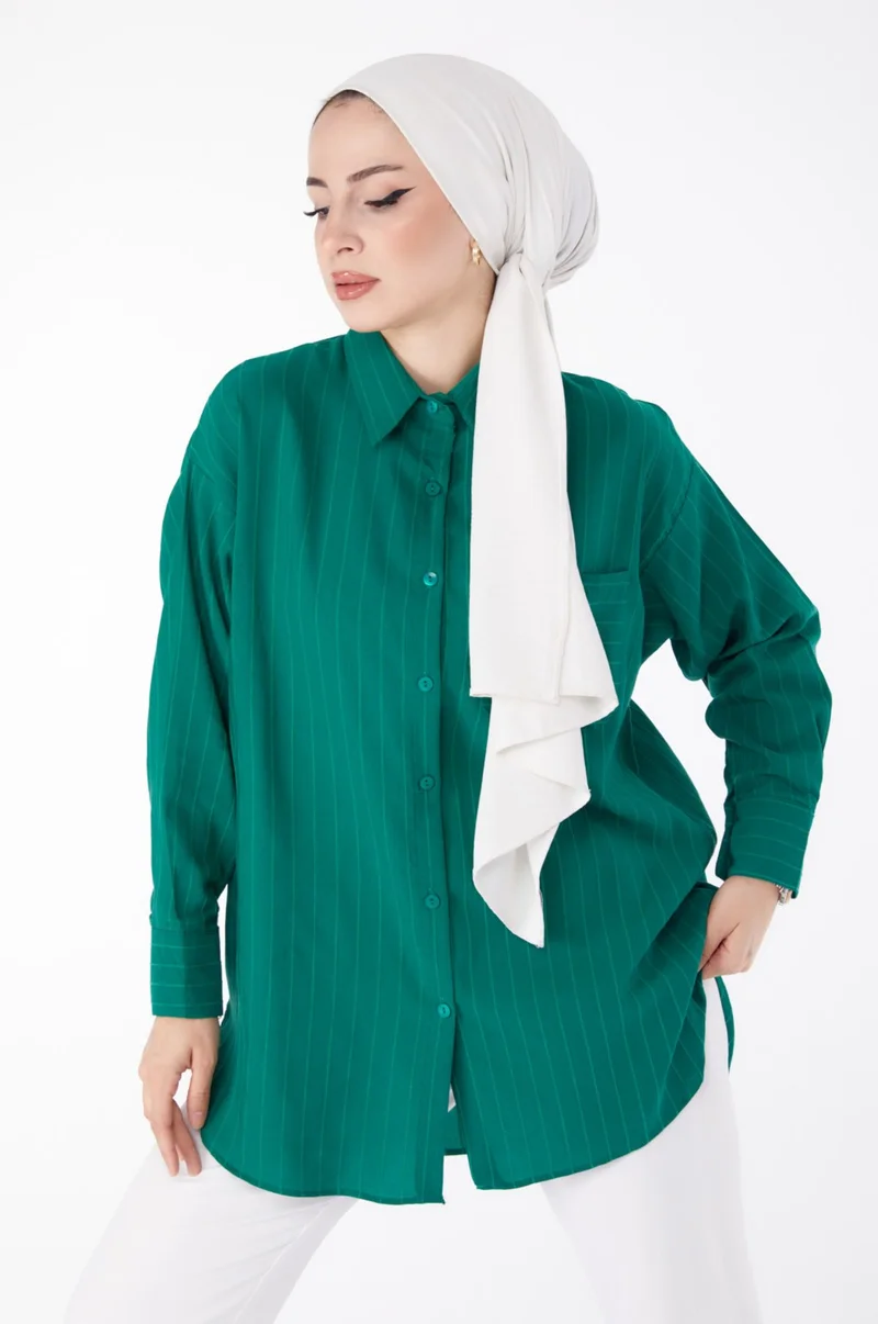 Tofisa Plain Shirt Collar Women's Green Single Pocket Striped Tunic - 25496