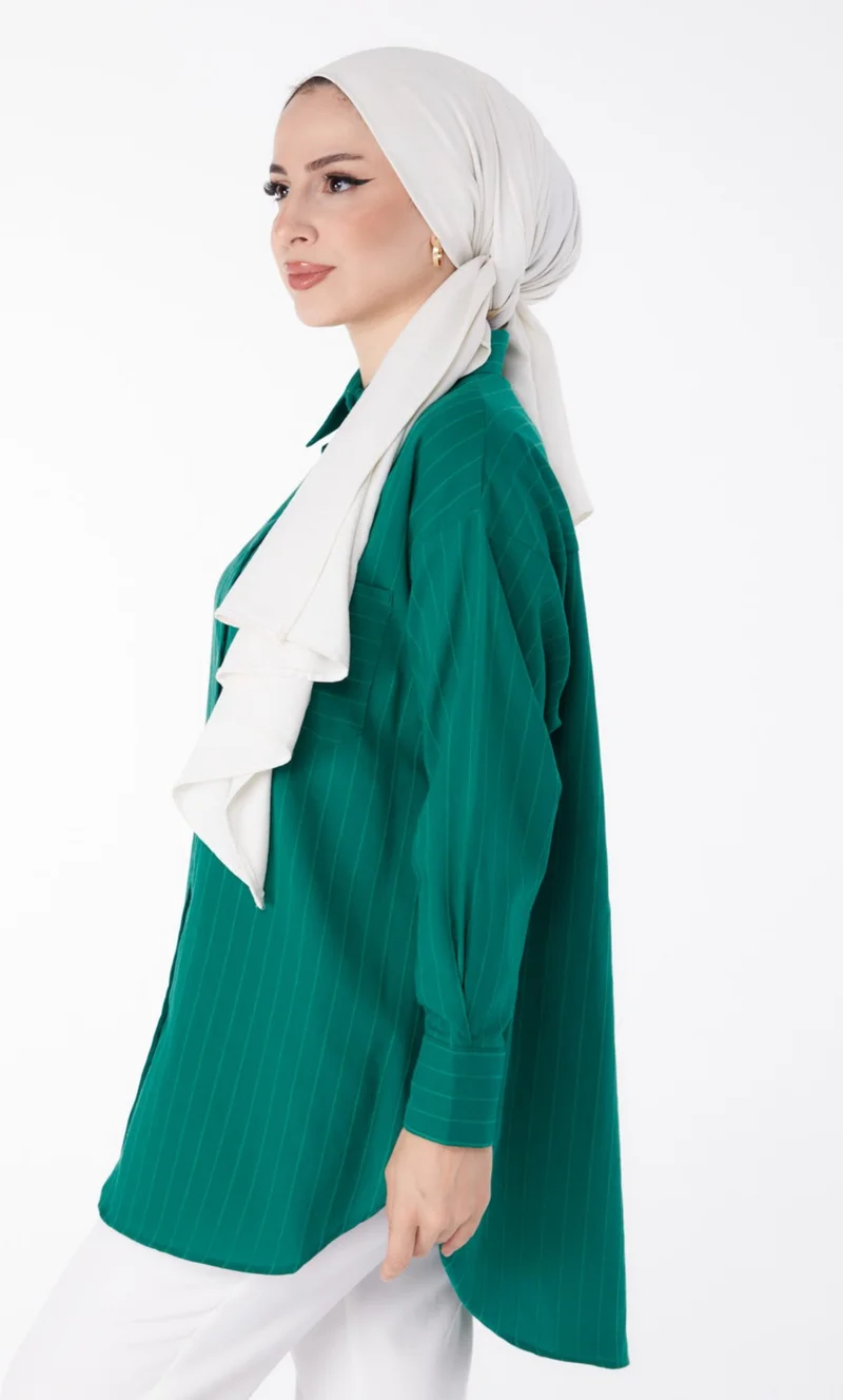 Tofisa Plain Shirt Collar Women's Green Single Pocket Striped Tunic - 25496