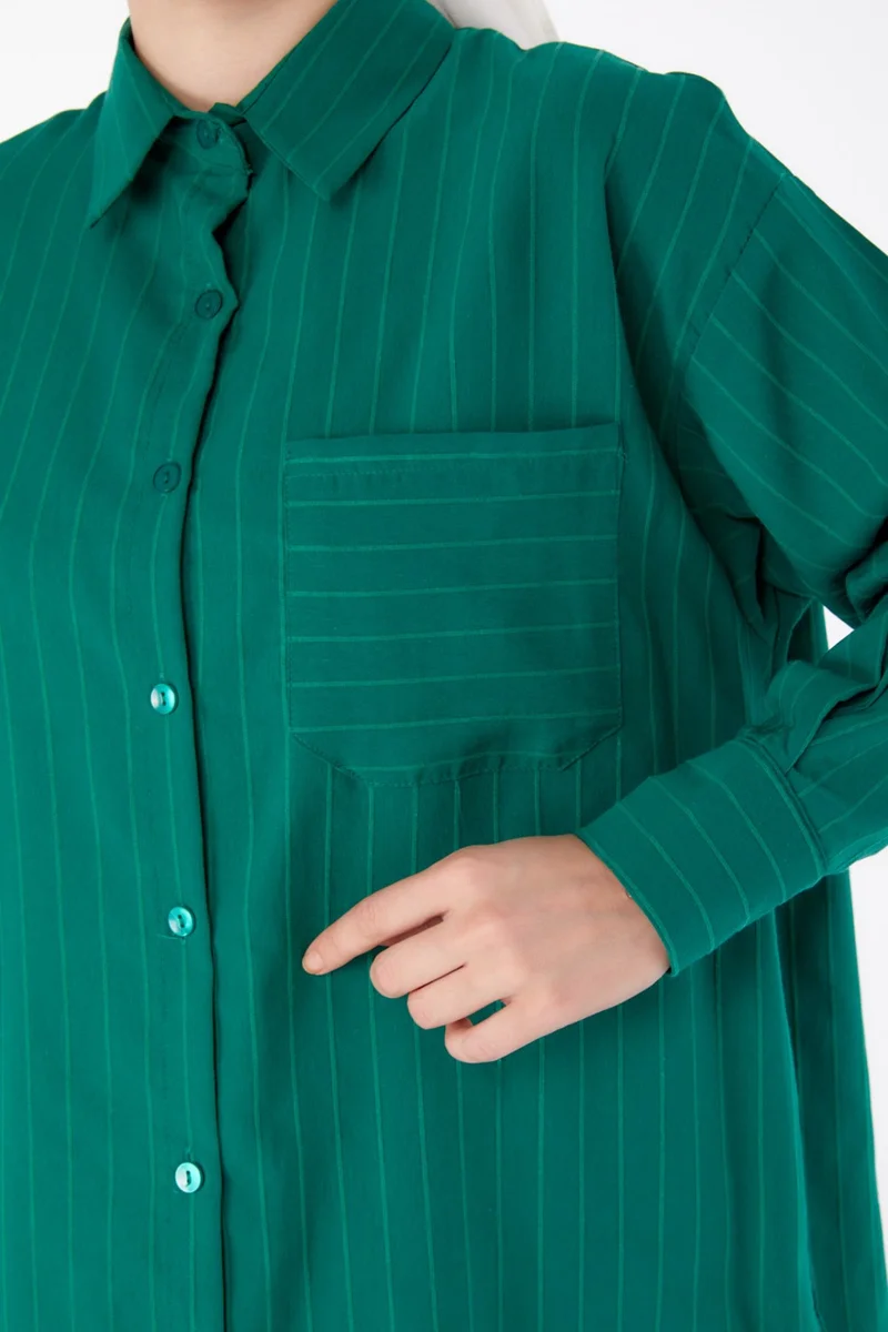 Tofisa Plain Shirt Collar Women's Green Single Pocket Striped Tunic - 25496