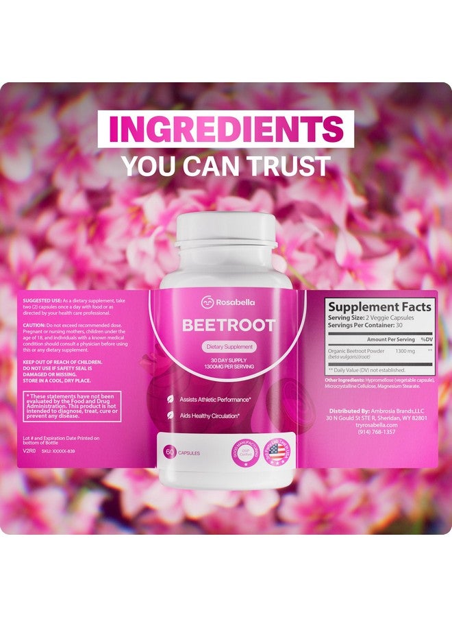 Rosabella Rosabella Organic Beet Root Capsules - 1300mg Beetroot Powder for Natural Energy & Endurance Support, Non-GMO, Lab-Tested Beet Supplement - 60 Capsules, 30-Day Supply  - Image 2