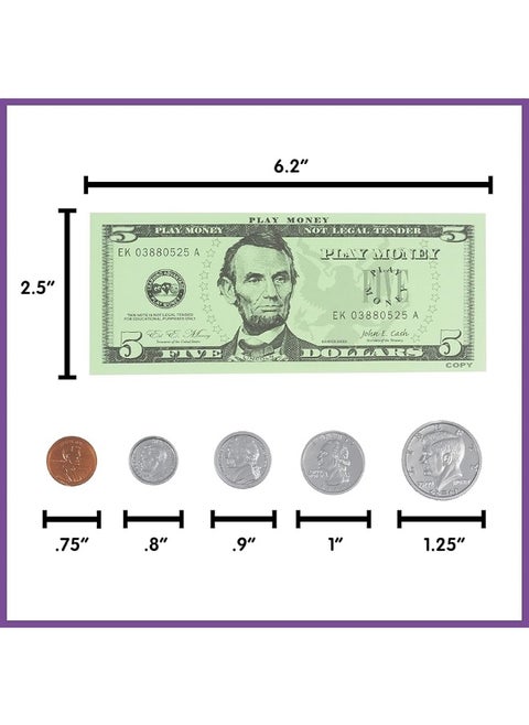 LEARNING ADVANTAGE Play Money Set  Bills  Coins  100 Bills  94 Coins  Pretend Money Designed Like Real Currency  Count Change with Toy Money