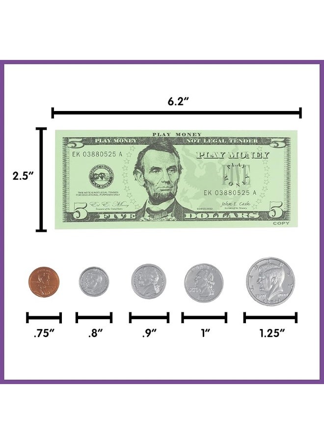 Learning Advantage LEARNING ADVANTAGE Play Money Set  Bills  Coins  100 Bills  94 Coins  Pretend Money Designed Like Real Currency  Count Change with Toy Money  - Image 1