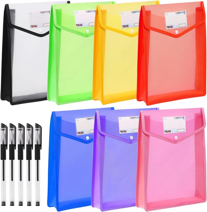 Mardatt 12Pcs A4 7 Colors Plastic File Folder Assorted Set with Pen, Clear Waterproof Poly Expanding File Wallet Documents Organizer Filing Envelopes for School Home Office (Vertical) - Image 1