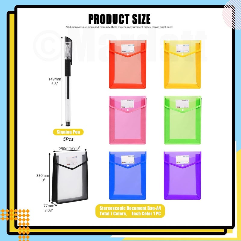 Mardatt 12Pcs A4 7 Colors Plastic File Folder Assorted Set with Pen, Clear Waterproof Poly Expanding File Wallet Documents Organizer Filing Envelopes for School Home Office (Vertical) - Image 2
