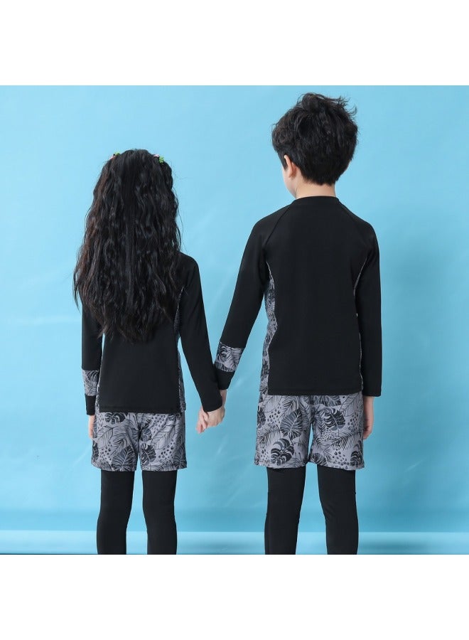 Loquat Parent-Child Children's Swimsuit Three-piece Set Men's Older Children's Long-sleeved Trousers Sun Protection Swimsuit Female Students Beach Hot Spring Quick-drying Clothes-Color:White Holiday Wind- - Image 3