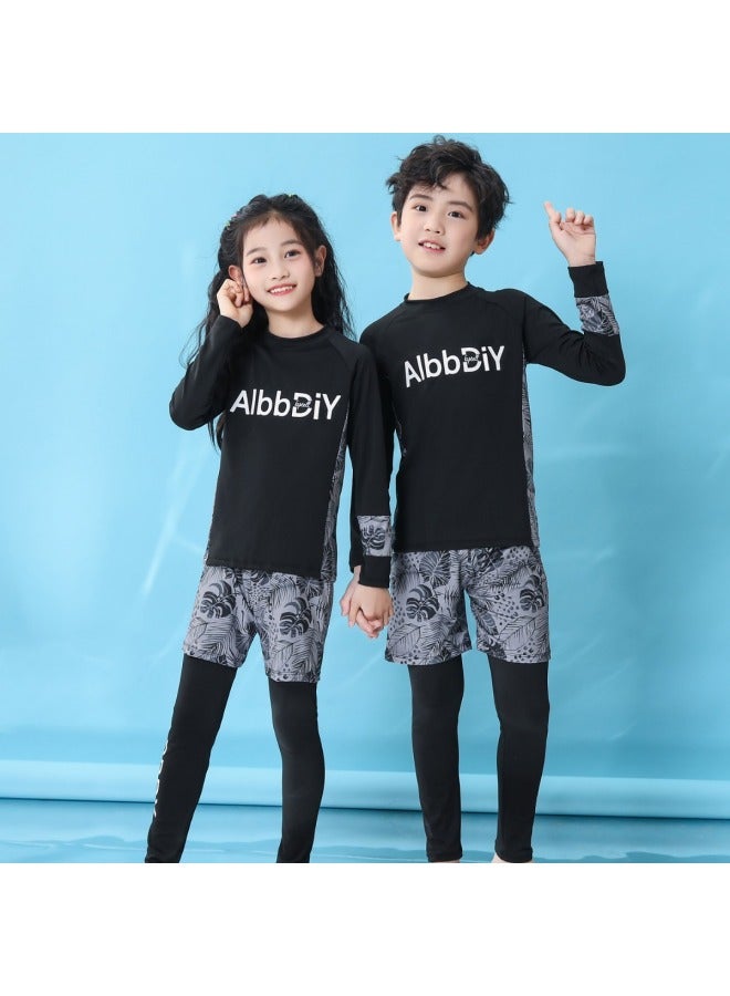 Loquat Parent-Child Children's Swimsuit Three-piece Set Men's Older Children's Long-sleeved Trousers Sun Protection Swimsuit Female Students Beach Hot Spring Quick-drying Clothes-Color:White Holiday Wind- - Image 2