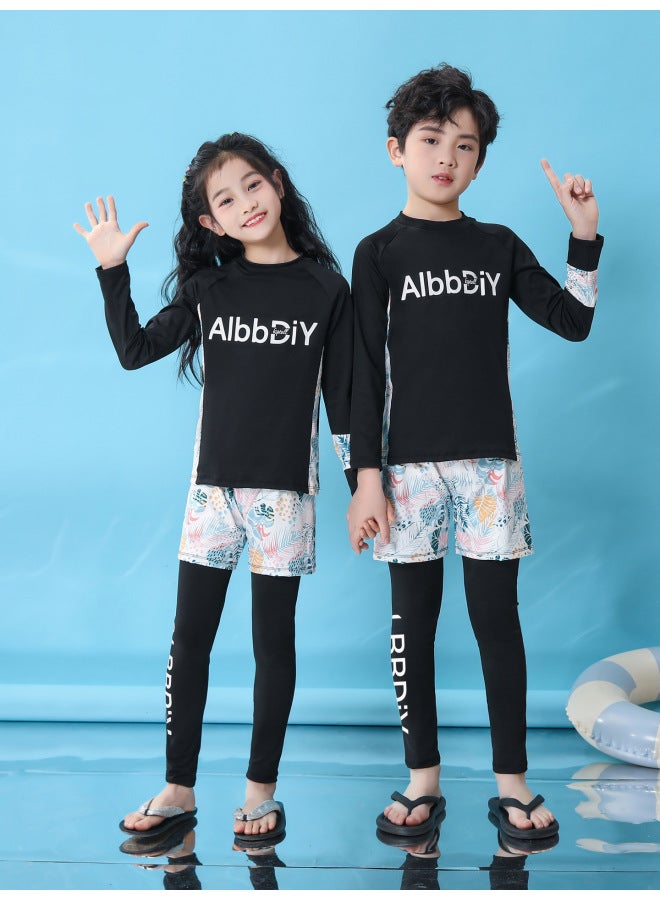 Loquat Parent-Child Children's Swimsuit Three-piece Set Men's Older Children's Long-sleeved Trousers Sun Protection Swimsuit Female Students Beach Hot Spring Quick-drying Clothes-Color:White Holiday Wind- - Image 1