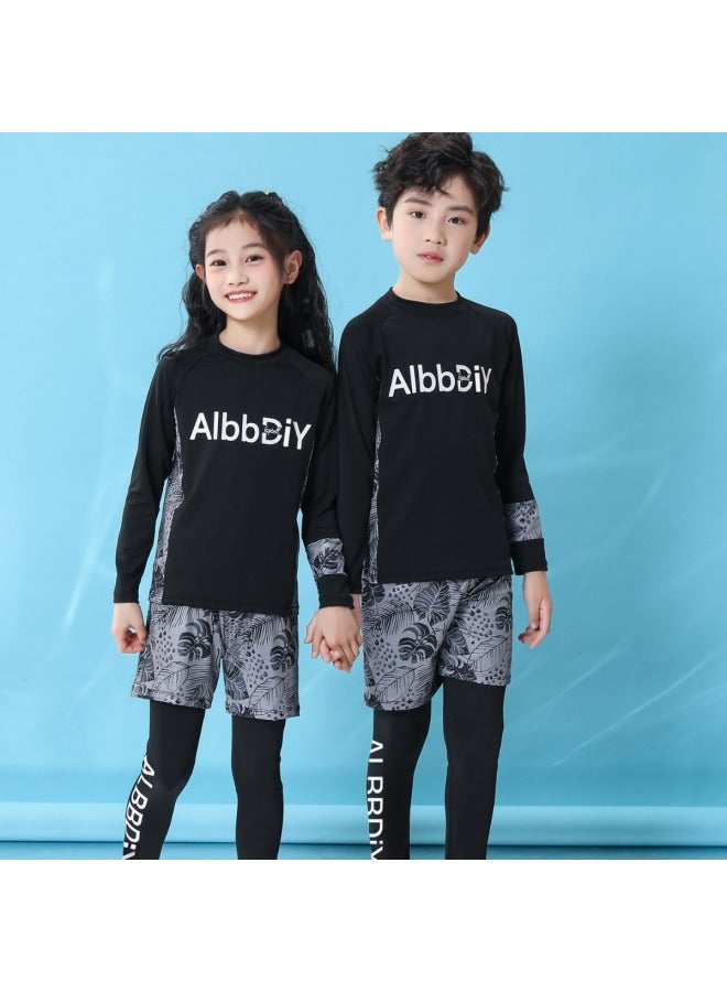 Loquat Parent-Child Children's Swimsuit Three-piece Set Men's Older Children's Long-sleeved Trousers Sun Protection Swimsuit Female Students Beach Hot Spring Quick-drying Clothes-Color:White Holiday Wind- - Image 4