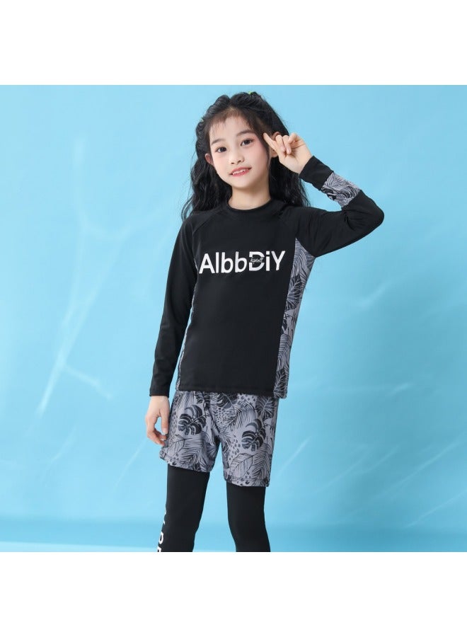 Loquat Parent-Child Children's Swimsuit Three-piece Set Men's Older Children's Long-sleeved Trousers Sun Protection Swimsuit Female Students Beach Hot Spring Quick-drying Clothes-Color:White Holiday Wind- - Image 5