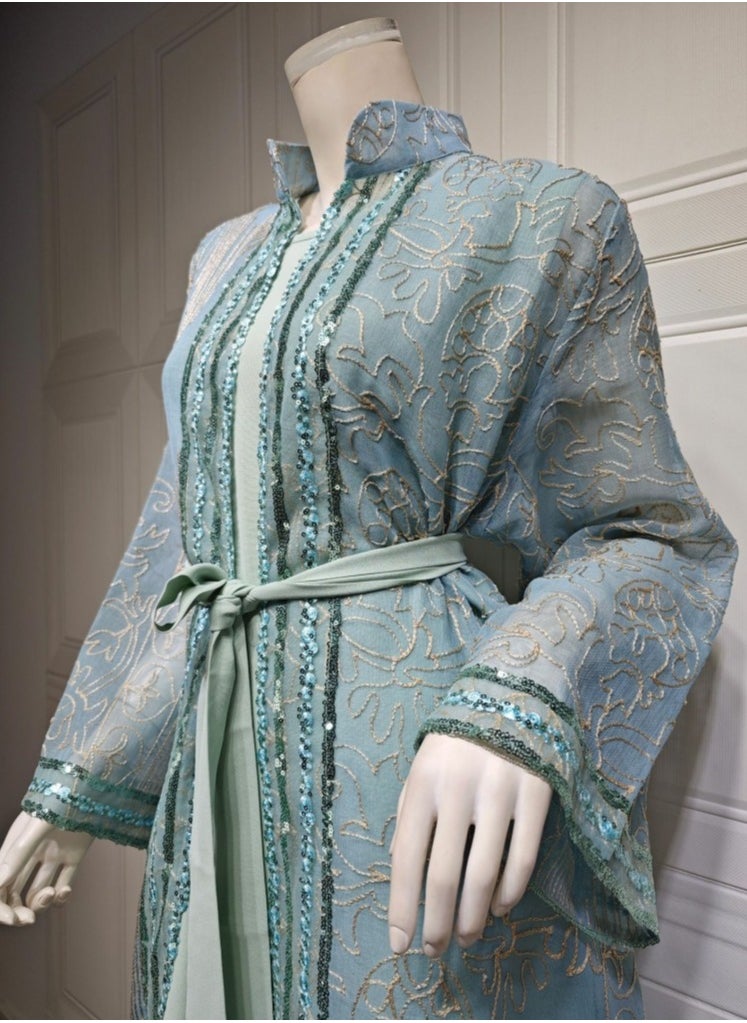 Loquat Ladies Embroidered Robe Long Dress 3-Piece Set Open Front Outer Robe+Inner Skirt+Belt Muslim Abaya Light Green  - Image 3