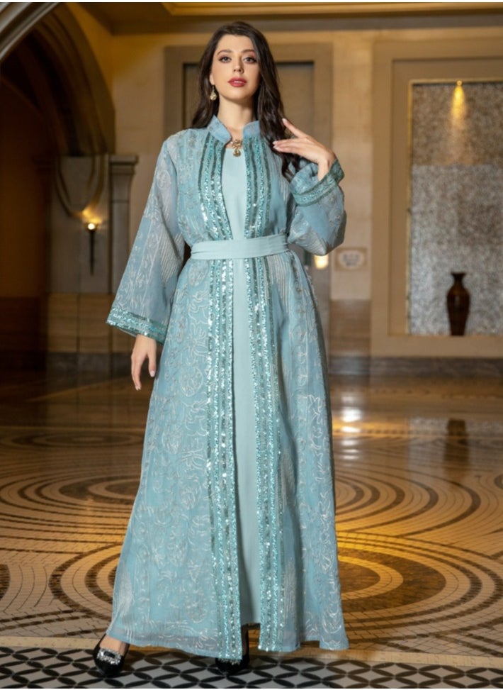 Loquat Ladies Embroidered Robe Long Dress 3-Piece Set Open Front Outer Robe+Inner Skirt+Belt Muslim Abaya Light Green  - Image 1